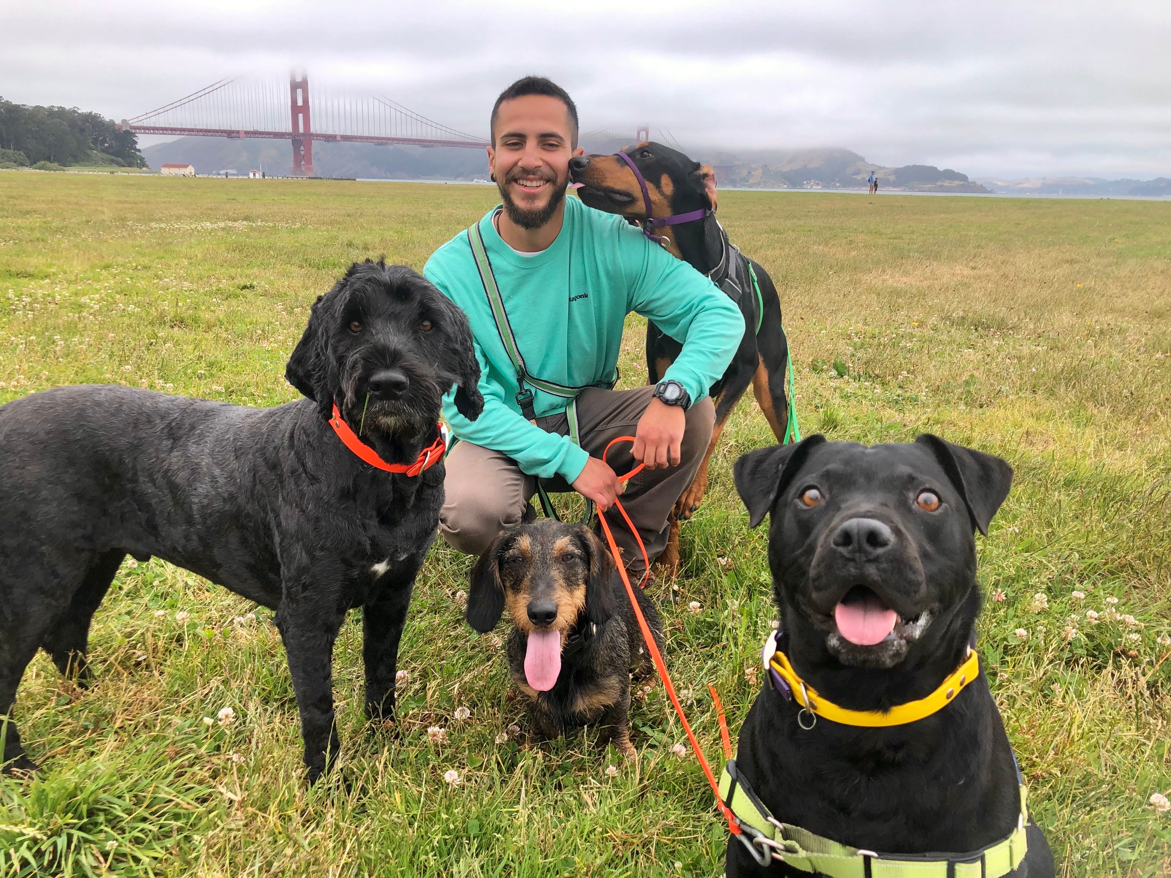 A picture of Miguel with dogs in front of the Golden Gate Bridge